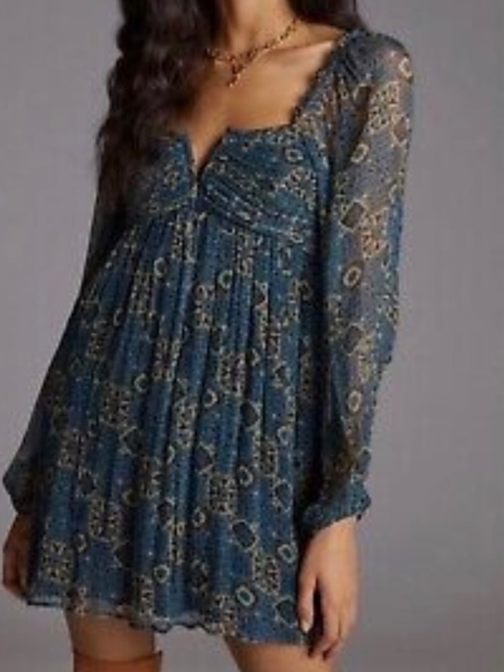 Anthropologie Let Me Be Babydoll Mini Dress in Blue Sz MP PETITE - Picture 2 of 8